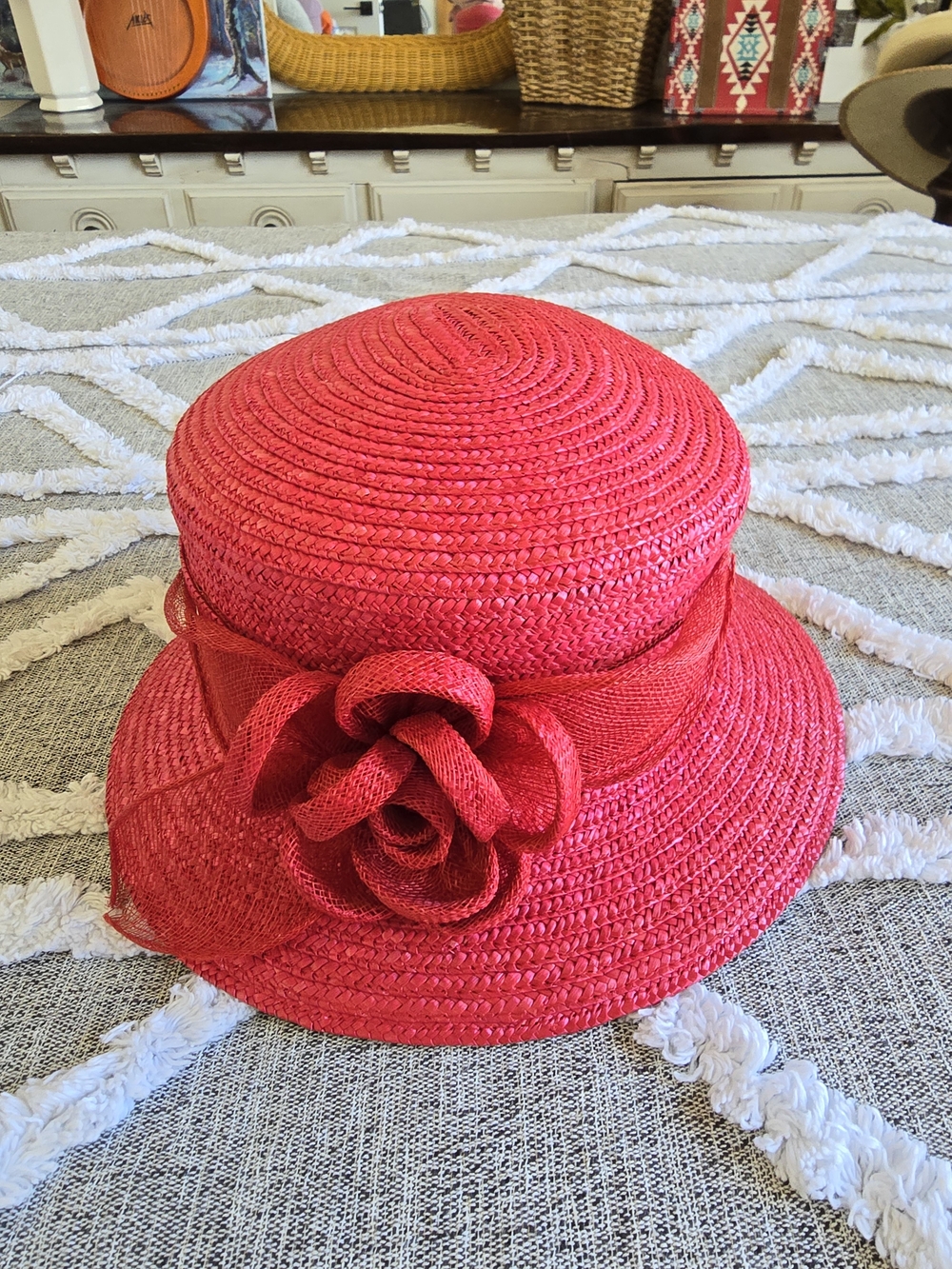 betmar Bright Red Floral Straw Cloche Hat - Picture 4 of 6